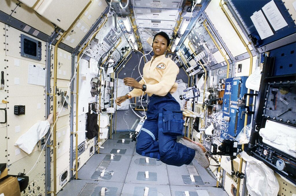 Astronaut Mae C. Jemison, STS-47 mission specialist, appears to be clicking her heels in zero-gravity in this 35mm frame photographed in the Science Module aboard the Earth-orbiting Space Shuttle Endeavour. Credit: NASA