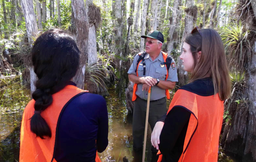 Alt Text: Audrey Berlie wears a black and orange visibility vest during a research hike at Florida’s Big Cypress National Preserve. She stands with her back to the camera at the right of the photo listening to a park ranger who rests on a shovel. They are surrounded by cypress trees and standing in shallow water. Credit: NASA