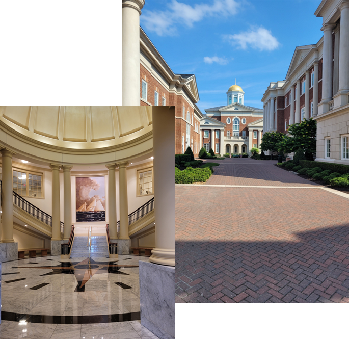 Christopher Newport University walkways in red brick with many columns creating the exteriors of large brick buildings. A library with a massive staircase. 