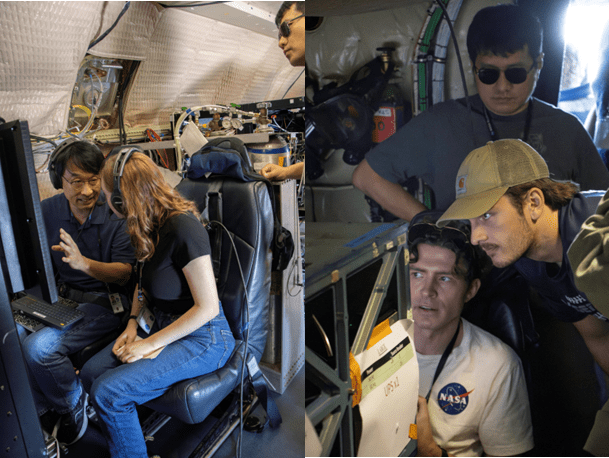 Two images of interns and NASA mentors looking at data displays while aboard an aircraft.