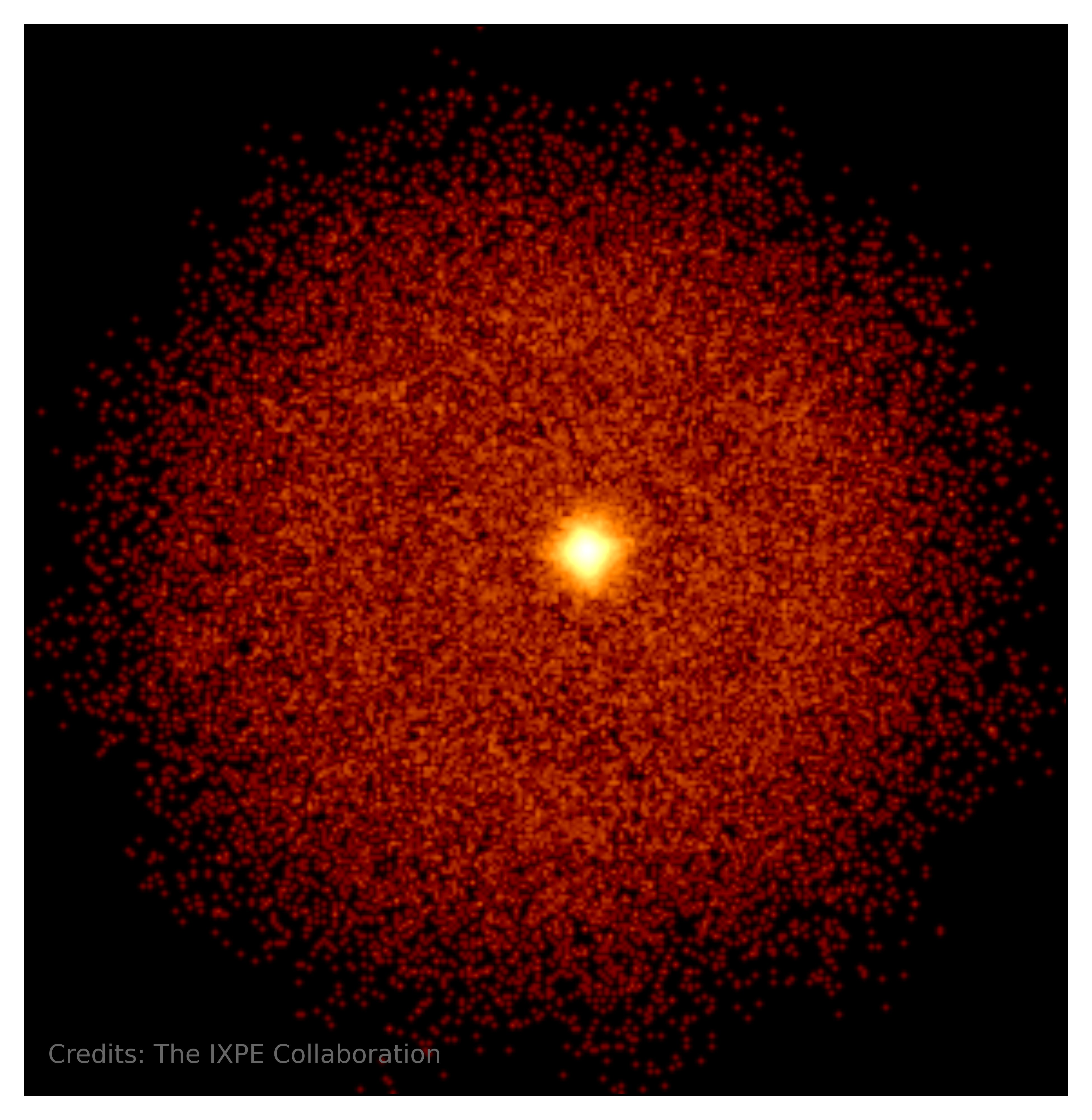 On a black background, thousands of tiny, blood-red and orange dots encircle a larger, brighter, yellow dot. 