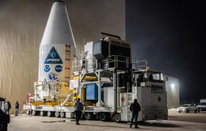 The United Launch Alliance Atlas V payload fairing containing the National Oceanic and Atmospheric Administration’s (NOAA) Joint Polar Satellite System-2 (JPSS-2) is readied for its move to the vertical integration facility at Space Launch Complex 3 at Vandenberg Space Force Base (VSFB) in California on Oct. 18, 2022.