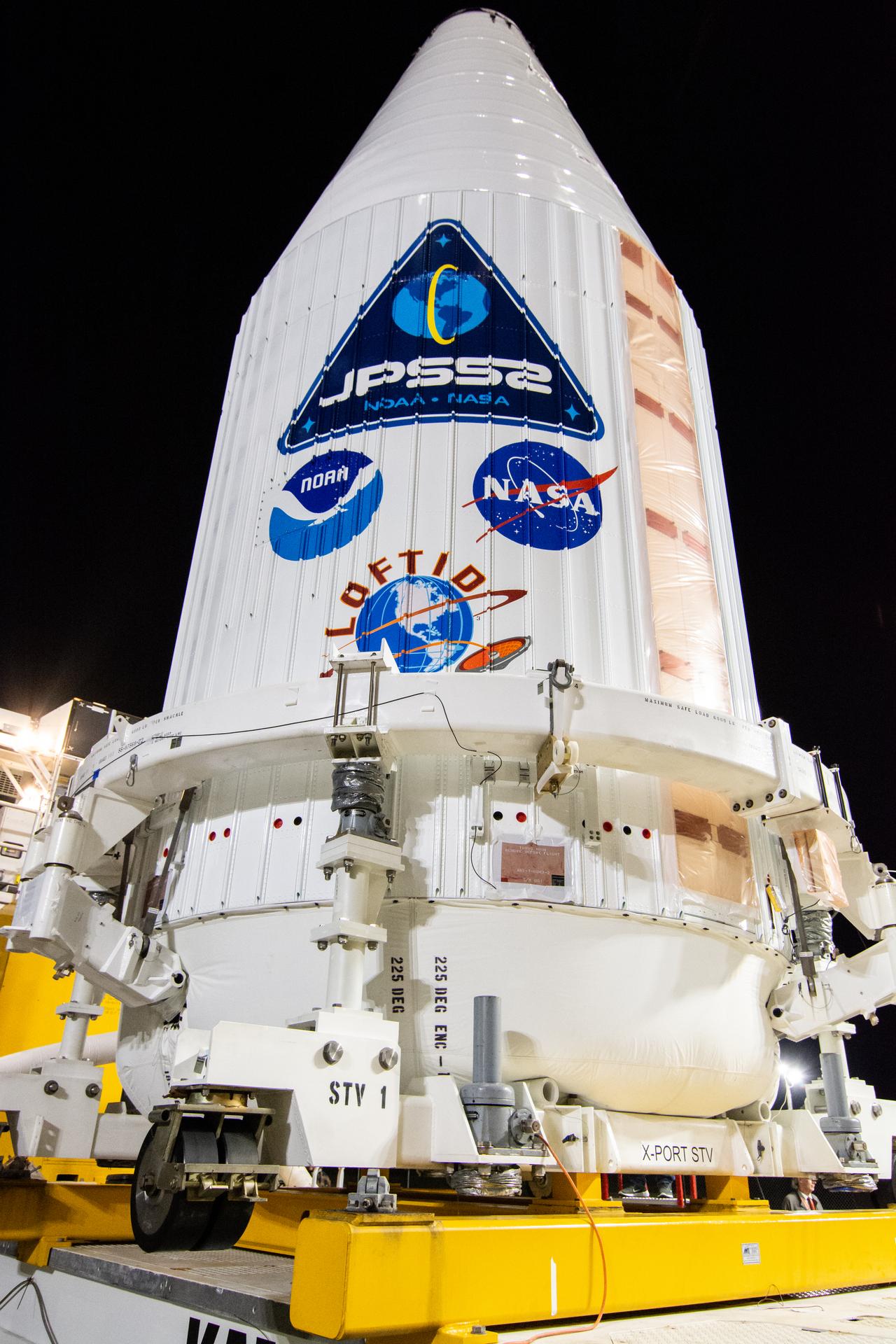 A close-up view of the United Launch Alliance Atlas V payload fairing containing the National Oceanic and Atmospheric Administration’s (NOAA) Joint Polar Satellite System-2 (JPSS-2) as it arrives at the vertical integration facility at Space Launch Complex 3 at Vandenberg Space Force Base (VSFB) in California on Oct. 18, 2022. 