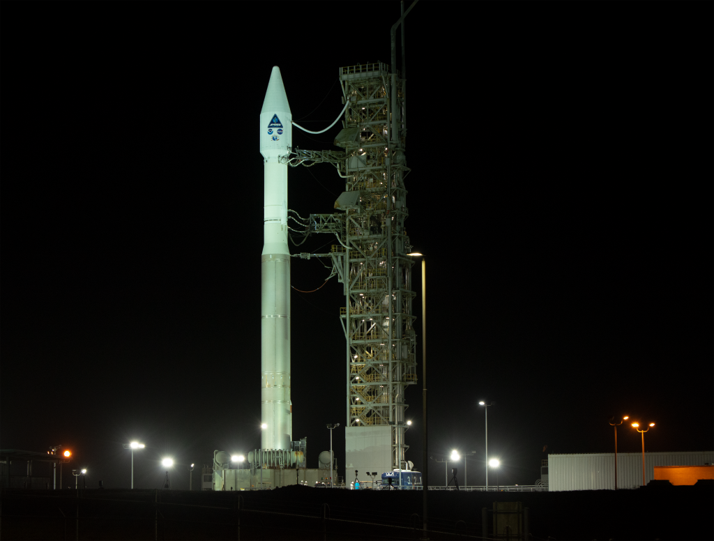 Atlas V rocket with JPSS-2 and LOFTID on the pad.