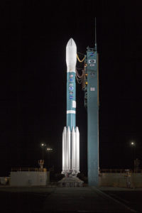 The Delta II rocket set to launch NOAA's JPSS-1 spacecraft stands at Space Launch Complex 2 at Vandenberg Air Force Base.