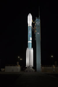 The Delta II rocket set to launch NOAA's JPSS-1 spacecraft stands at Space Launch Complex 2 at Vandenberg Air Force Base.