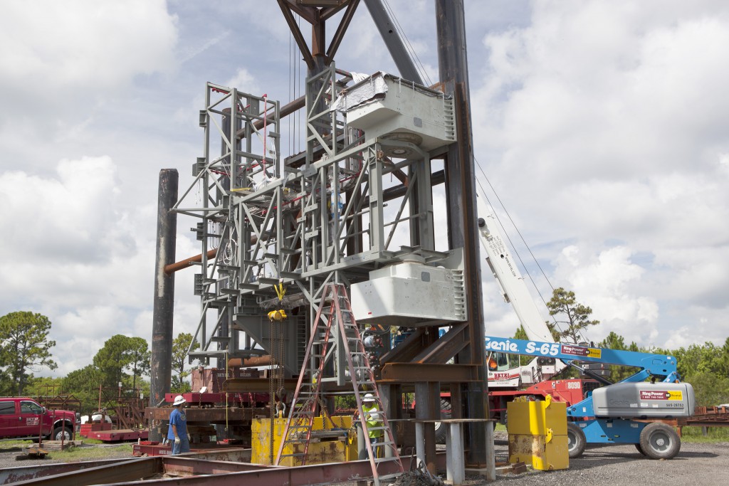 Load test #1 on the Interim Cryogenic Propulsive Stage Umbilical arm at Coastal Steel in Cocoa, Florida.