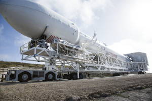 The SpaceX Falcon 9 rocket is rolled to Space Launch Complex 4 at Vandenberg Air Force Base in California ahead of the Jason-3 launch