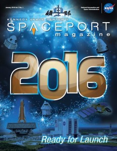 Spaceport Magazine cover for Jan. 2016 showing facilities, rockets and International Space Station