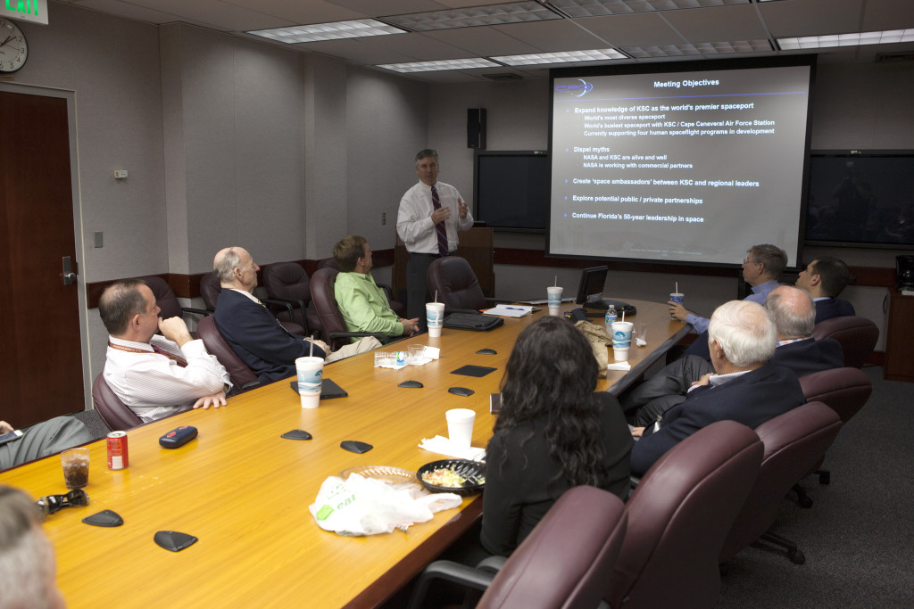 The Center Planning and Development (CPD) Directorate at NASA’s Kennedy Space Center in Florida held a roundtable discussion with government and industry representatives, led by Scott Colloredo, CPD director, standing. The group toured facilities at the multi-user spaceport and then participated in a discussion about Kennedy’s partnership efforts and future plans. Photo credit: NASA/Bill White