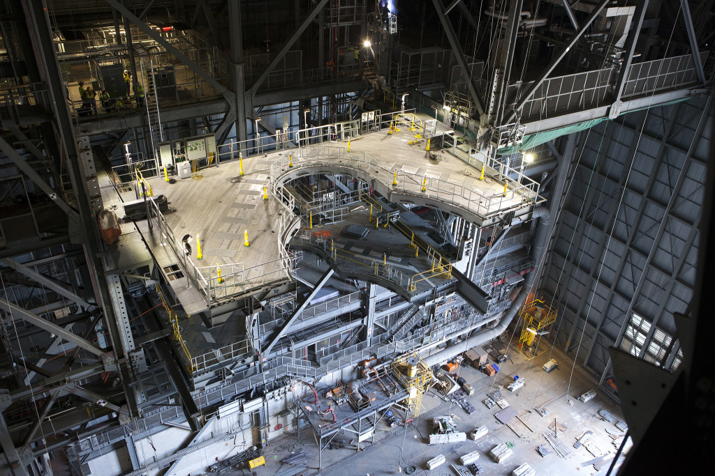 The first half of the J-level work platforms is powered on for testing in the Vehicle Assembly Building.