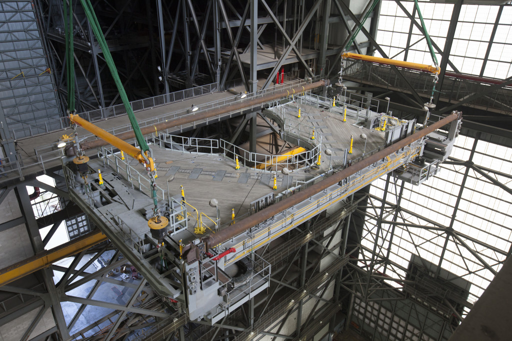 Second half of Platform J is installed in High Bay 3 in the Vehicle Assembly Building.