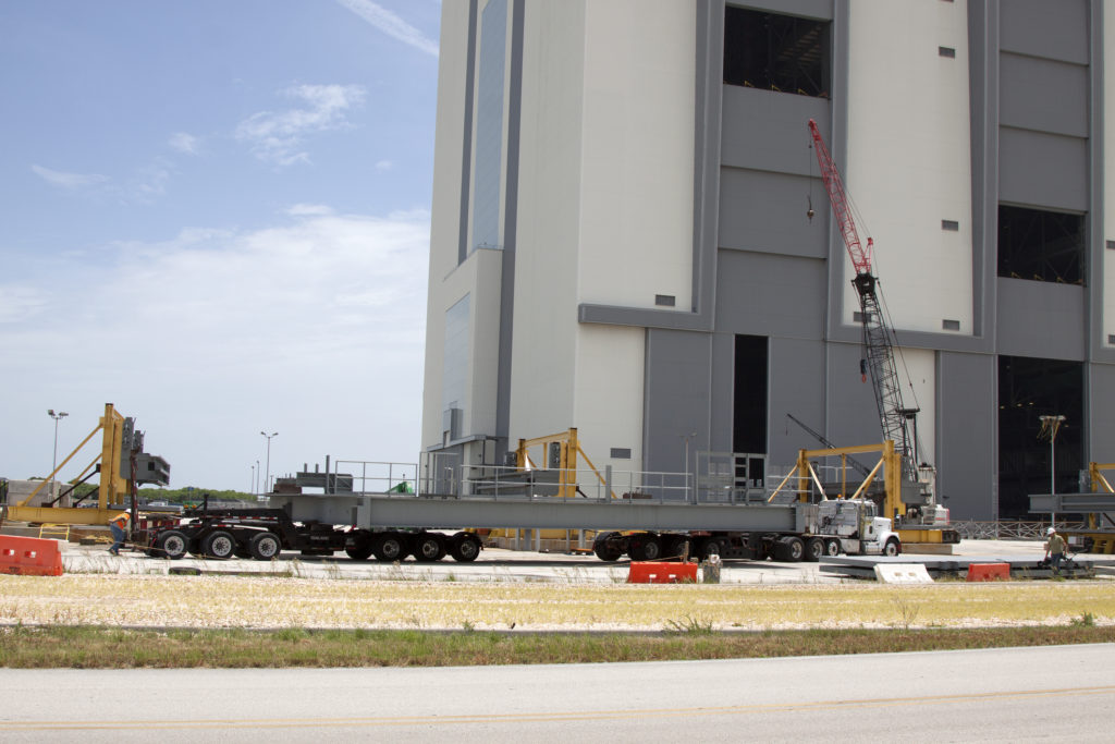 The first segment of the C-level work platforms, C South, arrives at the Vehicle Assembly Building at NASA's Kennedy Space Center.