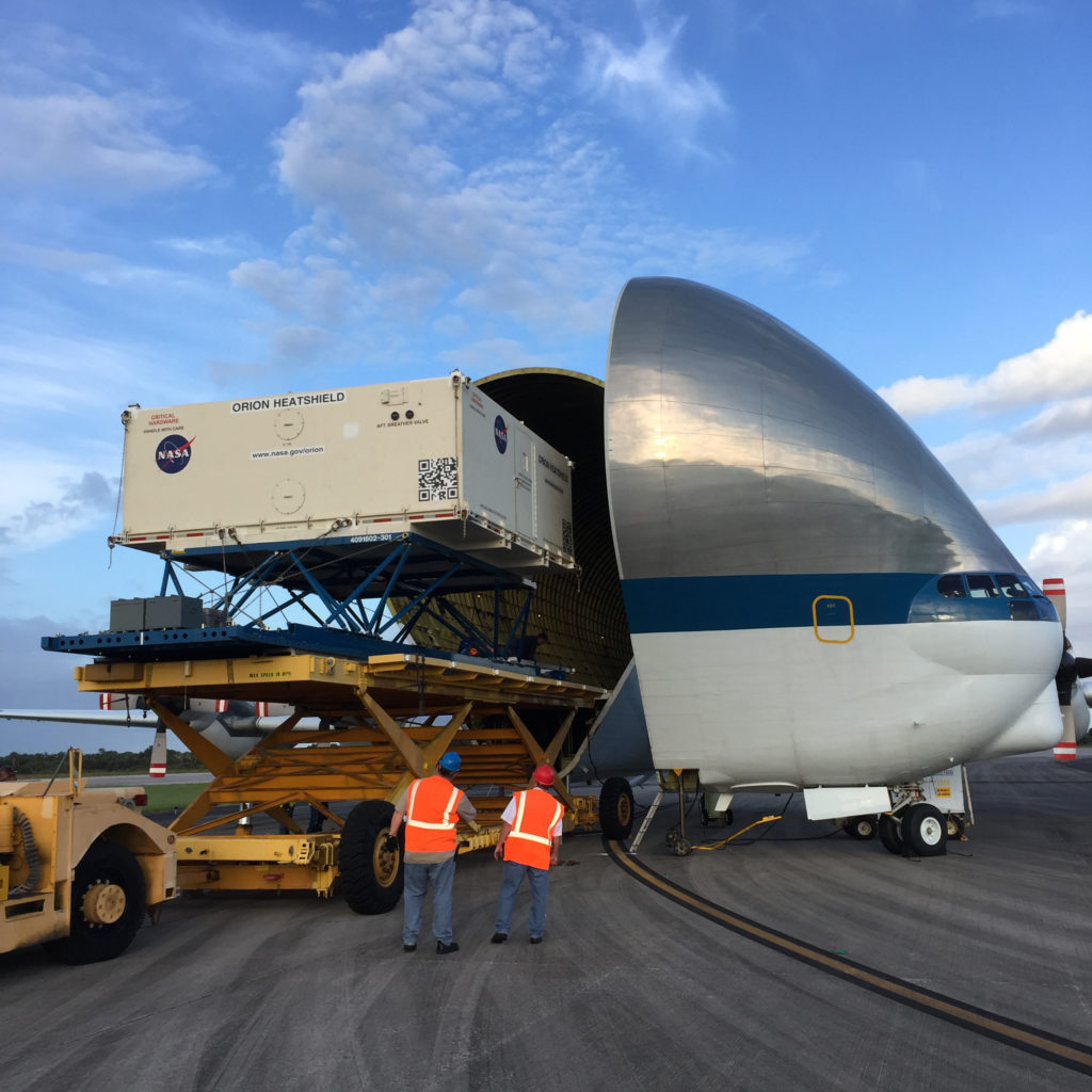 Orion heat shield for Exploration Mission 1 arrives at Kennedy Space Center.