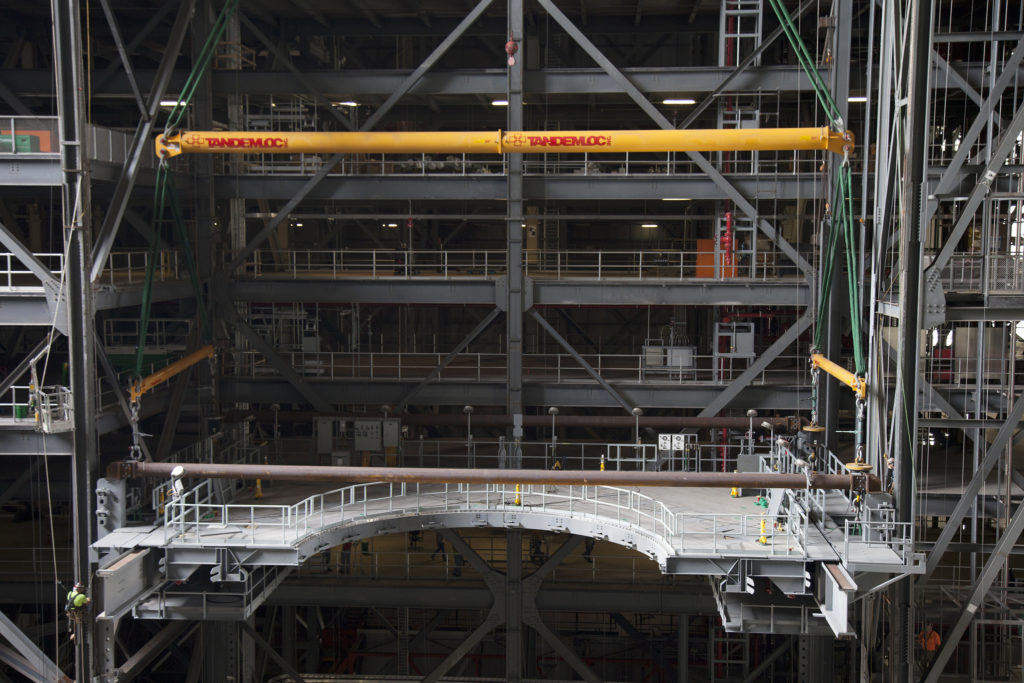 Lift and installation of the first half of Platform E, E south, in the Vehicle Assembly Building.