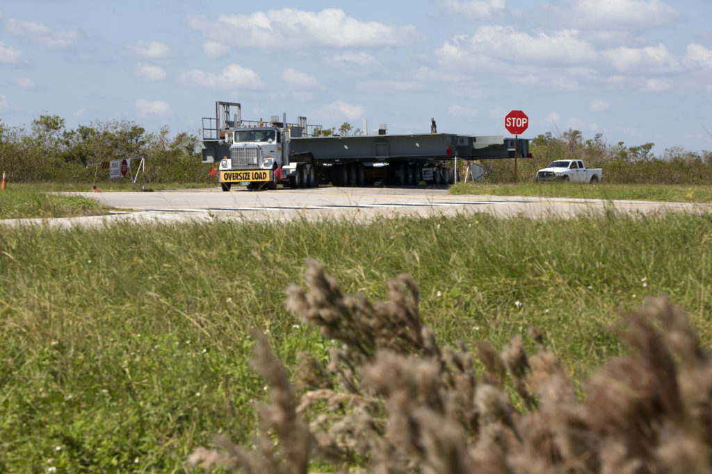 First half of Platform B arrives at Kennedy Space Center.