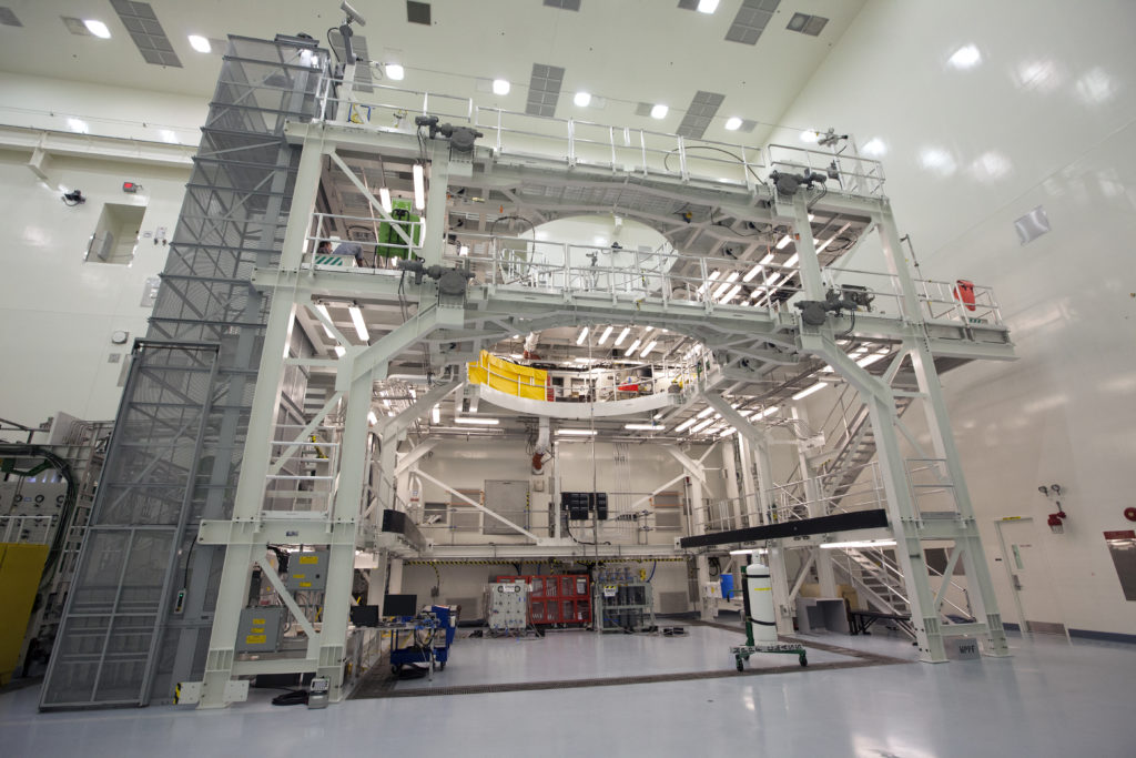 View of the service platform for Orion inside the Multi-Payload Processing Facility at Kennedy Space Center.