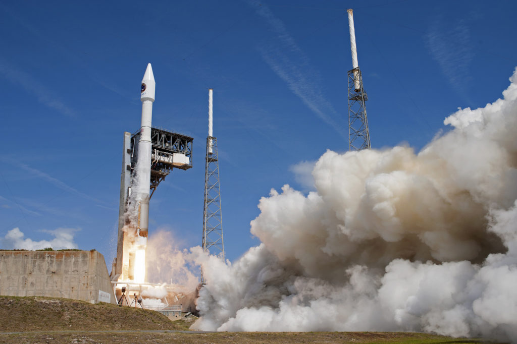 With blue sky for a background, the Orbital ATK Cygnus pressurized cargo module is carried atop the United Launch Alliance Atlas V rocket from Space Launch Complex 41 at Cape Canaveral Air Force Station in Florida. Orbital ATK's seventh commercial resupply services mission, CRS-7, will deliver 7,600 pounds of supplies, equipment and scientific research materials to the International Space Station. Liftoff occurred April 18 at 11:11 a.m. EDT.