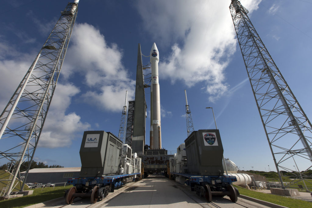 The United Launch Alliance Atlas V rocket carrying NASA’s Tracking and Data Relay Satellite-M (TDRS-M) is in place on the launch pad at Cape Canaveral Air Force Station’s Space Launch Complex 41.