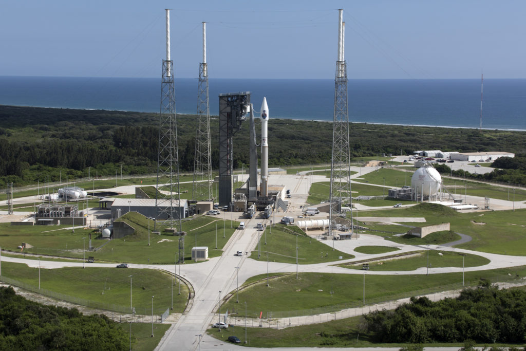 The United Launch Alliance Atlas V rocket carrying NASA's Tracking and Data Relay Satellite-M (TDRS-M) stands on the launch pad at Space Launch Complex 41 on Cape Canaveral Air Force Station. The rocket rolled out to the pad Wednesday, Aug. 16. 