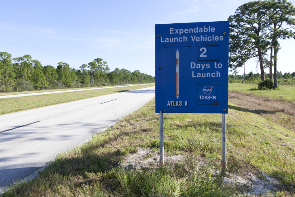 A sign at NASA's Kennedy Space Center in Florida notes that a United Launch Alliance Atlas V rocket is scheduled to launch in two days. Liftoff of the Atlas V carrying Tracking and Data Relay Satellite-M (TDRS-M) is slated for Friday morning at 8:03 a.m. EDT from Space Launch Complex 41 at Florida's Cape Canaveral Air Force Station.