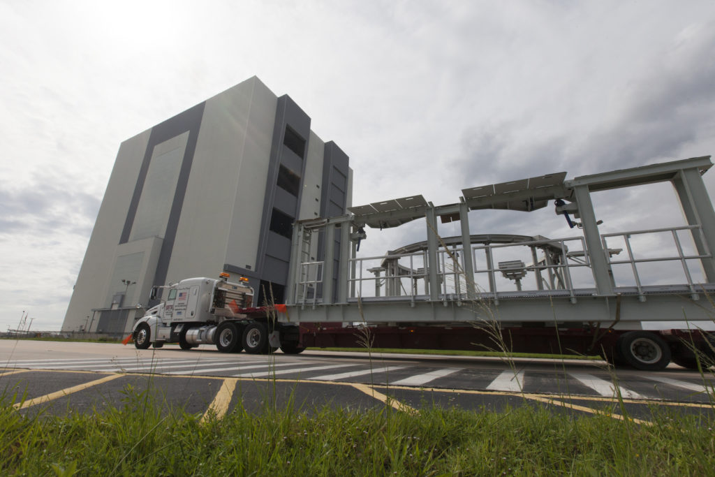 SLS booster engine platforms arrive at Kennedy Space Center in Florida