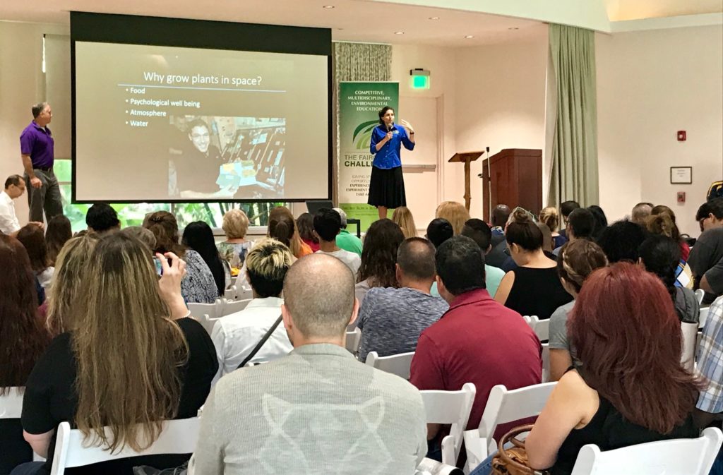 Kennedy scientists Trent Smith, left, and Dr. Gioia Massa speak to middle and high school teachers at Fairchild Tropical Botanic Garden in Miami during the kickoff of the 2017-2018 Fairchild Challenge-Growing Beyond Earth.