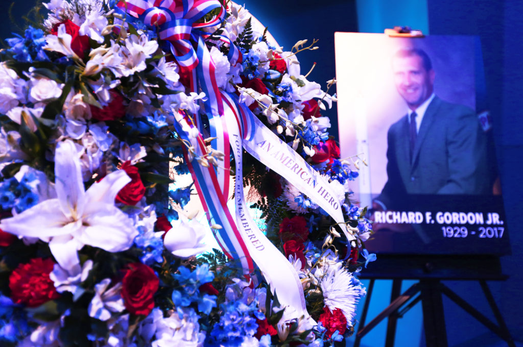 At the Heroes and Legends exhibit at the Kennedy Space Center Visitor Complex, a memorial wreath was placed following a ceremony to honor the memory of former NASA astronaut Richard Gordon. He performed two spacewalks during Gemini XI in 1966 and was command module pilot for Apollo 12 in 1969. Photo credit: NASA/Michelle Stone