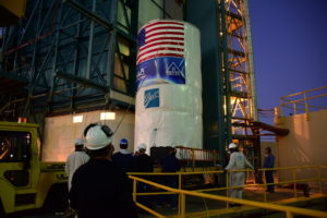 Packaged in a protective container, the Joint Polar Satellite System-1, or JPSS-1, spacecraft is about to be mated atop a United Launch Alliance Delta II rocket at Space Launch Complex 2 at Vandenberg Air Force Base in California. 