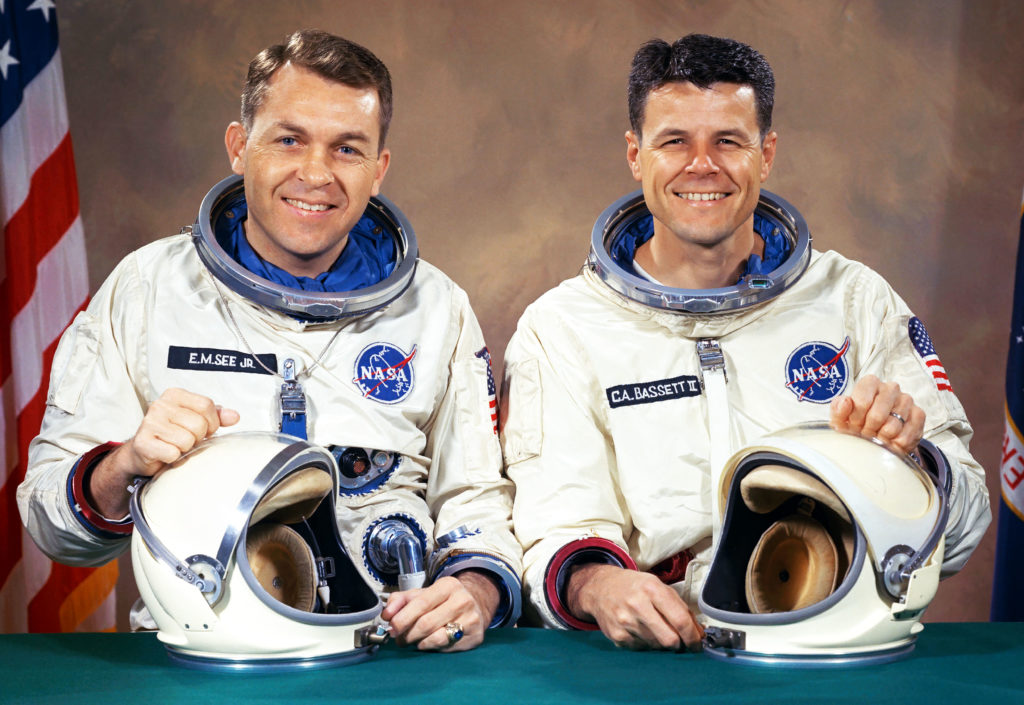 NASA astronauts Elliot See and Charles Bassett were selected to fly the Gemini IX mission in 1966.