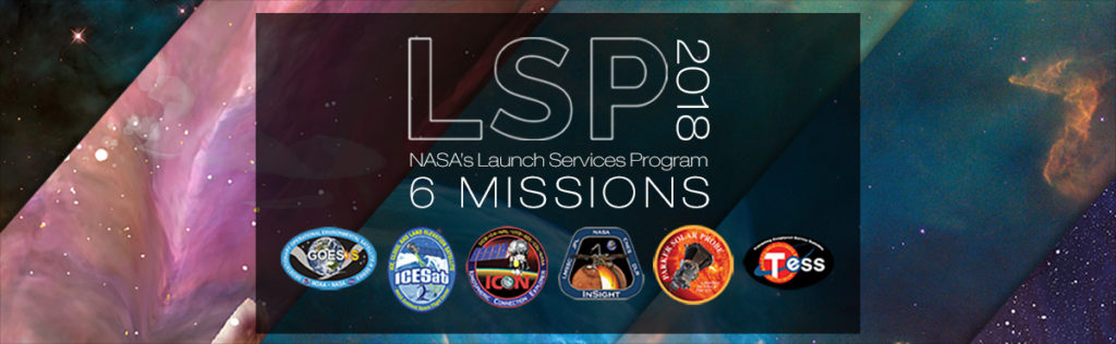 Artist illustration of six missions patches for Launch Services Program 2018 missions.