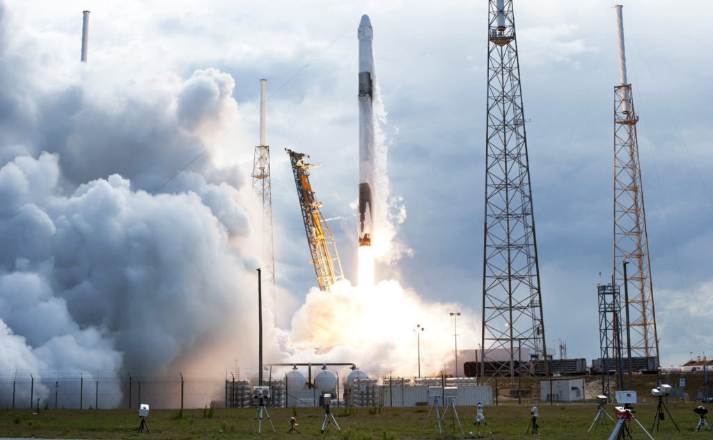 The two-stage Falcon 9 launch vehicle lifts off Space Launch Complex 40 at Cape Canaveral Air Force Station carrying the Dragon resupply spacecraft to the International Space Station.  Photo credit: NASA/Photo credit: NASA/Tony Gray, Tim Powers, Tim Terry