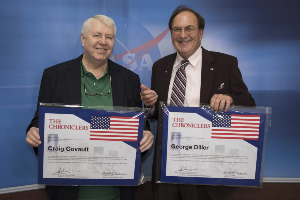 Craig Covault, left, and George Diller were honored as “Chroniclers” during an event at Kennedy Space Center’s NASA News Center on Friday, May 4. The longtime friends combined for more than 80 years of U.S. space exploration news reporting. “Chroniclers” recognizes retirees of the news and communications business who helped spread news of American space exploration from Kennedy for 10 years or more. 