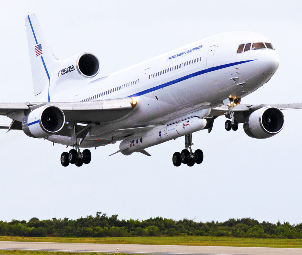 The Northrop Grumman L-1011 Stargazer aircraft lands on Oct. 19, 2018 at the Skid Strip at Cape Canaveral Air Force Station. A Pegasus XL rocket is attached to the underside of the aircraft with NASA's Ionospheric Connection Explorer, or ICON, satellite. Photo credit: NASA/Kim Shiflett