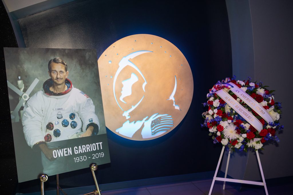 In the Heroes and Legends exhibit at the Kennedy Space Center Visitor Complex in Florida, a memorial wreath was placed following a ceremony honoring the memory of former astronaut Owen Garriott.