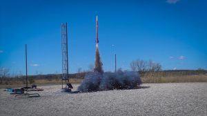 A team's rocket lifts off at the 10th annual First Nations Launch on April 26, 2019.