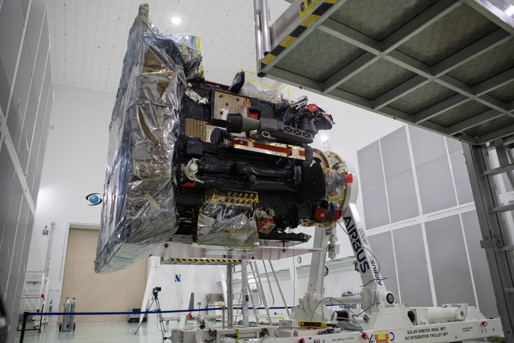 The Solar Orbiter spacecraft has been removed from its shipping container inside the Astrotech Space Operations facility in Titusville, Florida.