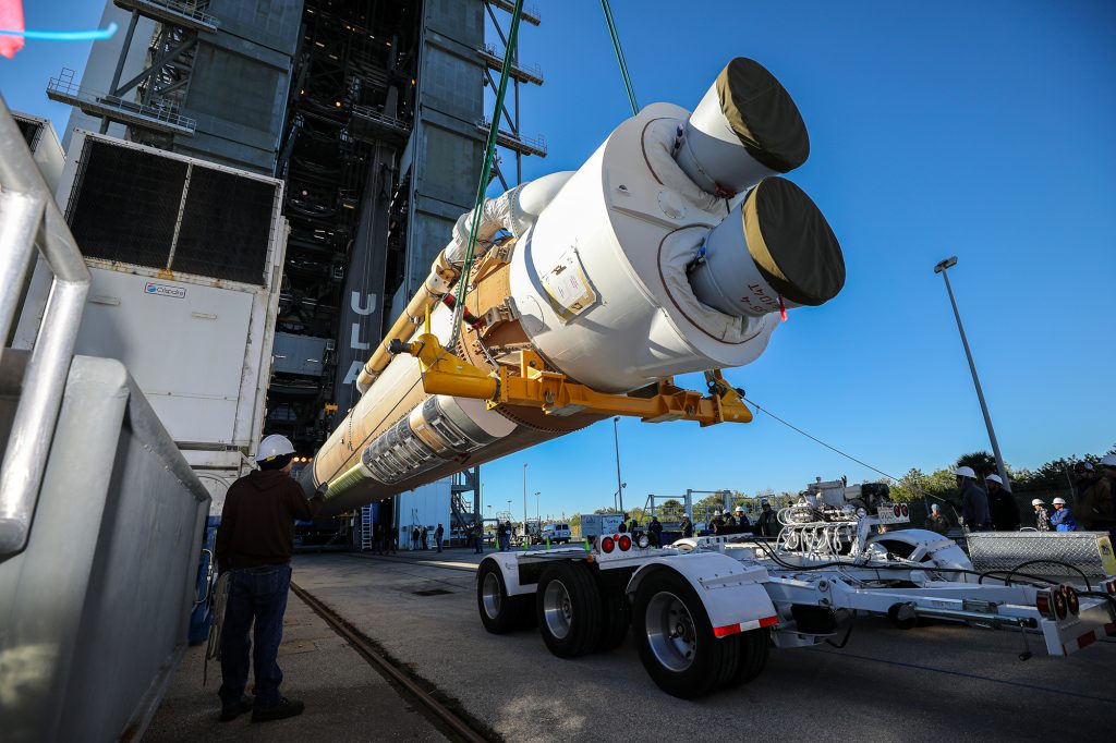 The booster of a United Launch Alliance Atlas V rocket that will launch the Solar Orbiter spacecraft is lifted into the vertical position at the Vertical Integration Facility near Space Launch Complex 41 at Cape Canaveral Air Force Station in Florida on Jan. 6, 2020.