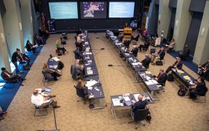 On May 21, 2020, inside the Operations Support Building II at NASA’s Kennedy Space Center in Florida, NASA and SpaceX managers participate in a flight readiness review for the upcoming Demo-2 launch.