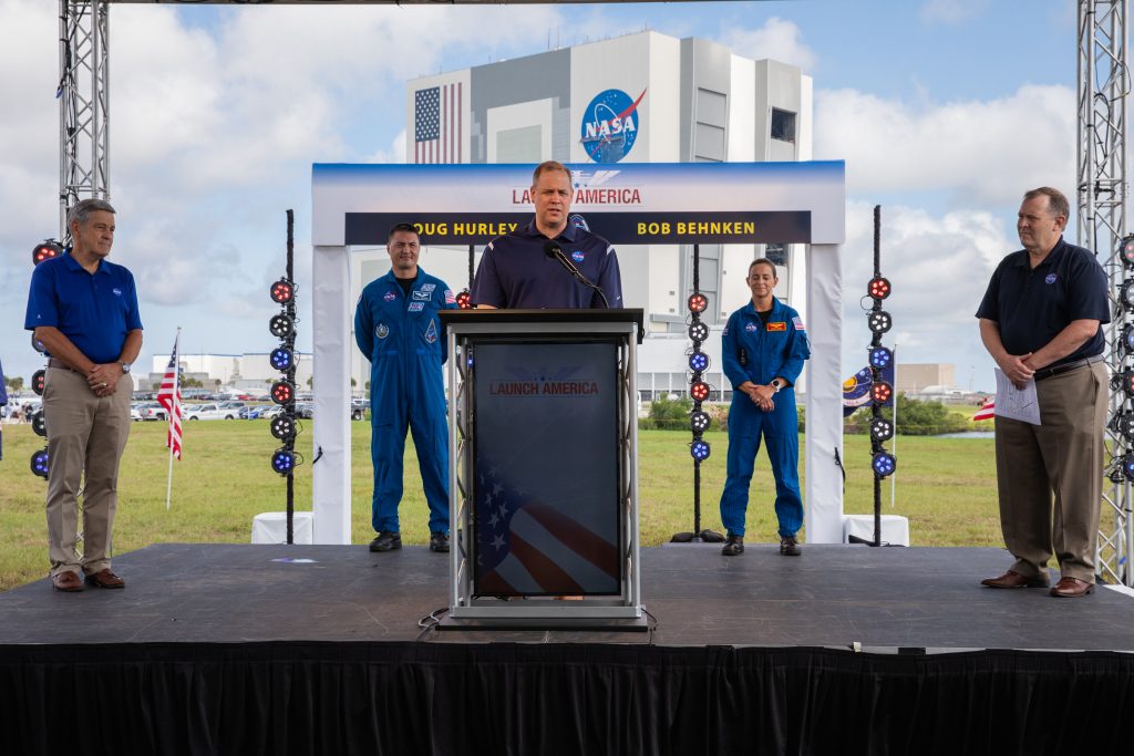 Agency leaders hold a press briefing on May 29, 2020, at NASA's Kennedy Space Center in Florida ahead of NASA's SpaceX Demo-2 launch, now scheduled for Saturday, May 30.