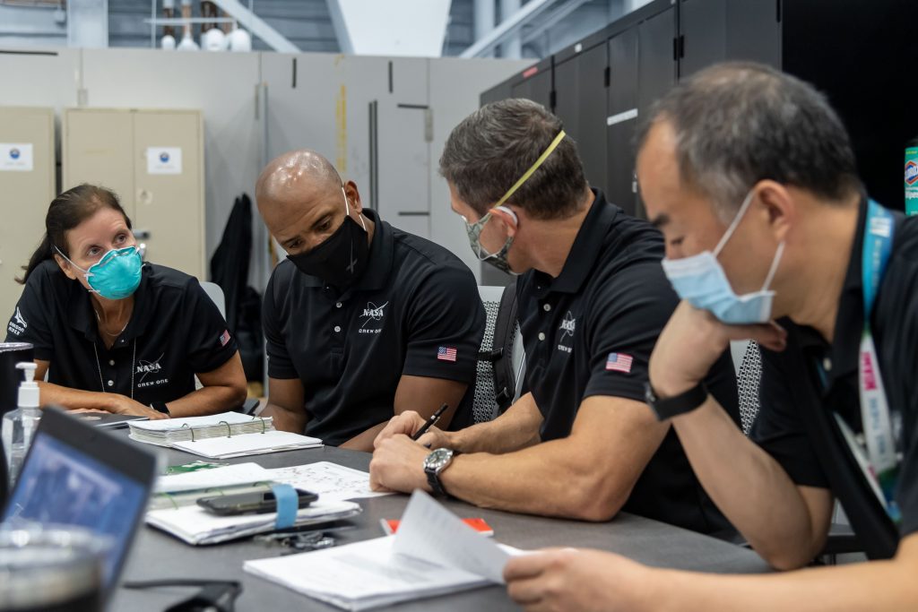 Mission specialist Shannon Walker, left, pilot Victor Glover, Crew Dragon commander Michael Hopkins – all of NASA – and Japan Aerospace Exploration Agency (JAXA) mission specialist Soichi Noguchi, right, will launch to the International Space Station on the agency’s SpaceX Crew-1 mission from Launch Complex 39A at NASA’s Kennedy Space Center in Florida