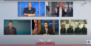 Post-splashdown briefing participants, clockwise from top left: NASA Administrator Jim Bridenstine; Gwynne Shotwell, president and chief operating officer at SpaceX; Shannon Walker, Victor Glover, Mike Hopkins, and Soichi Noguchi, NASA's SpaceX Crew-1 crew; International Space Station Program Manager Joel Montalbano; and Commercial Crew Program Manager Steve Stich.