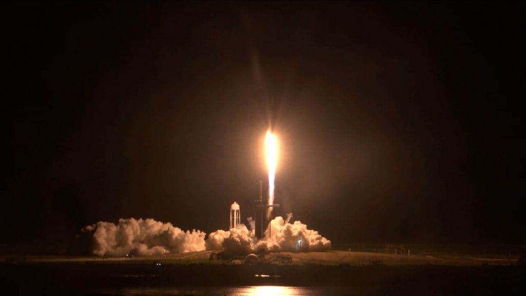 Liftoff of the SpaceX Falcon 9 rocket with the Crew Dragon spacecraft carrying NASA astronauts Mike Hopkins, Victor Glover, Shannon Walker, and Japan Aerospace Exploration Agency astronaut Soichi Noguchi