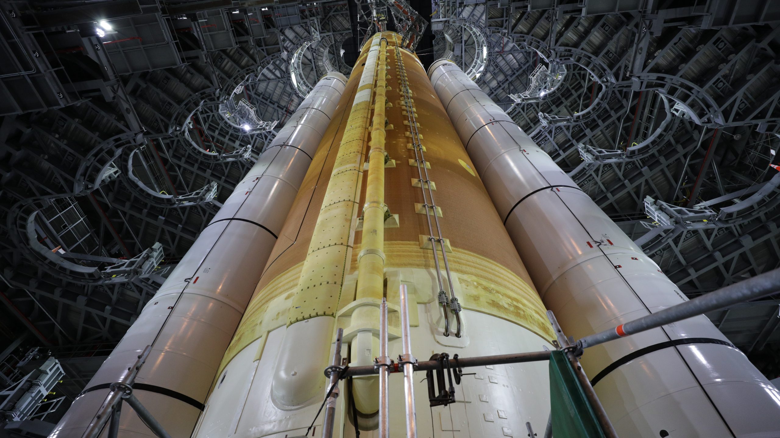 A close-up view of the Artemis I Space Launch System rocket inside High Bay 3 of the Vehicle Assembly Building at Kennedy Space Center in Florida.