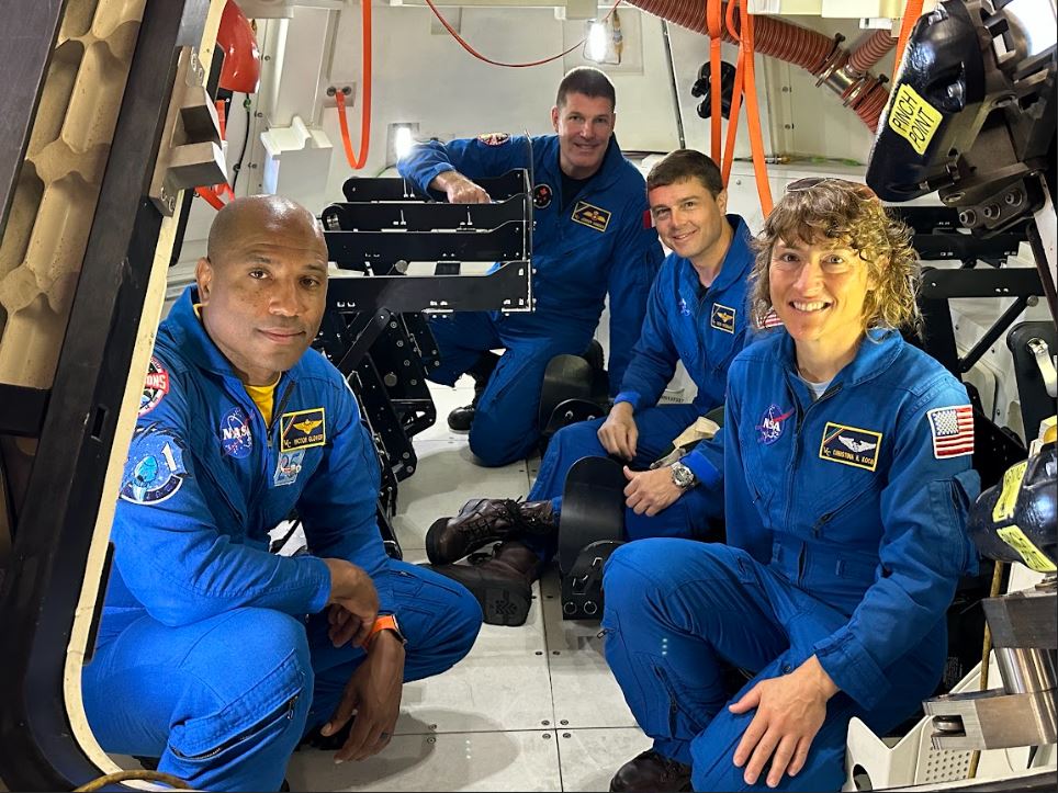 Artemis II astronauts inside the Vehicle Advanced Demonstrator for Emergency Recovery (VADR) during a tour of Naval Base San Diego.