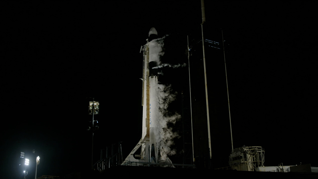 SpaceX Falcon 9 rocket and Dragon spacecraft at Kennedy Space Center. 