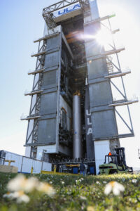 A United Launch Alliance Atlas V rocket stands vertical, awaiting integration with the rocket’s Centaur upper stage and Boeing’s CST-100 Starliner after moving inside the Vertical Integration Facility at Space Launch Complex-41 at Cape Canaveral Space Force Station in Florida on Wednesday, Feb. 21, 2024. 