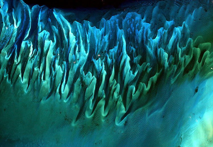 Landsat satellite image of the sands and seaweed in the Bahamas.