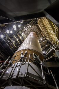 The United Launch Alliance Atlas V booster for NASA’s Landsat 9 mission is positioned inside the Vertical Integration Facility at Space Launch Complex 3 at Vandenberg Space Force Base in California.