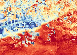 Circular irrigated farm fields near Alexandria, Egypt appear in blue in this image captured by the new Thermal Infrared Sensor 2 aboard Landsat 9. TIRS-2 measures surface temperature, so the cool, irrigated fields stand out against the warmer arid lands. 